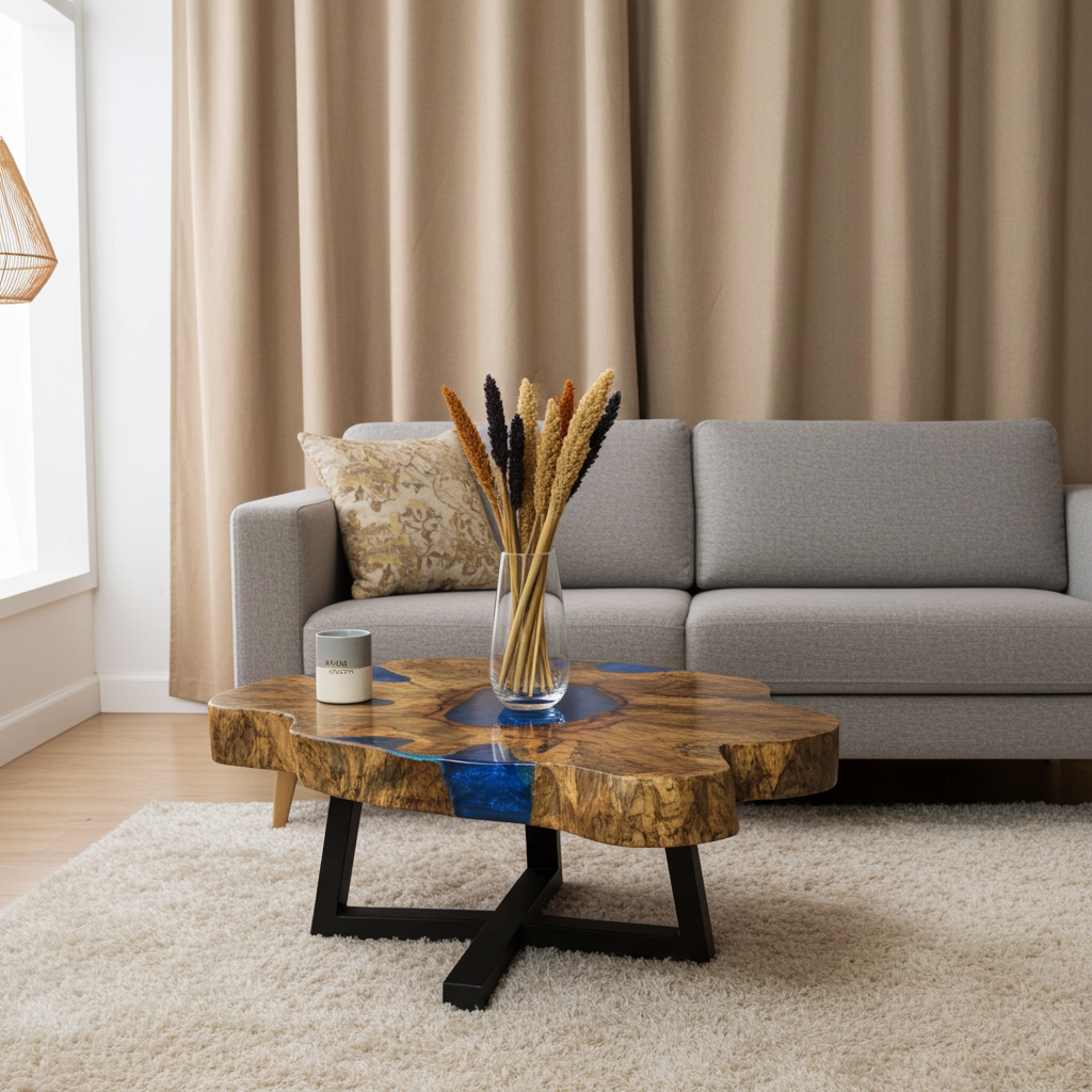 Tamarind Wood and Resin Coffee Table – Handmade, Durable, Unique Patterns, Aqua Sky Blue Resin, Rustic Modern Design