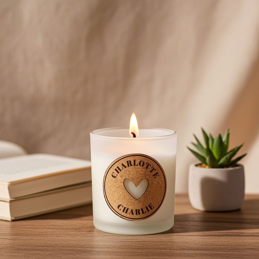 Personalised Heart Vanilla Scented Jar Candle | Custom Cork Label Gift - Artfully Curated Creations and identify whats in the image