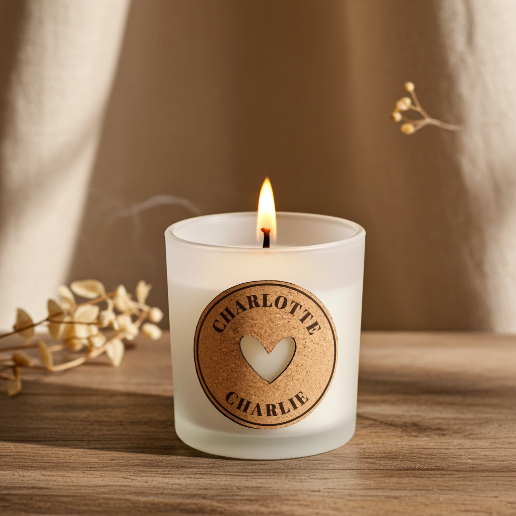 Personalised Heart Vanilla Scented Jar Candle | Custom Cork Label Gift - Artfully Curated Creations and identify whats in the image