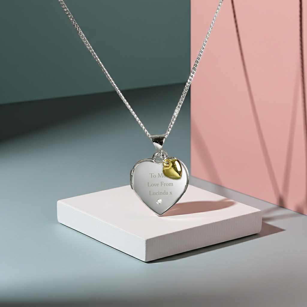 Personalised Sterling Silver & Gold Plated Diamond Heart Locket | Engraved Name & Photo Keepsake Necklace - Artfully Curated Creations and identify whats in the image