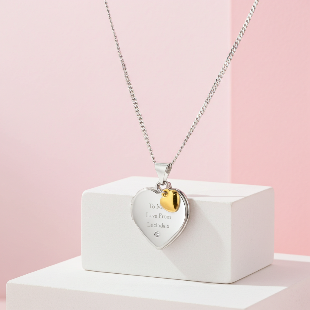 Personalised Sterling Silver & Gold Plated Diamond Heart Locket | Engraved Name & Photo Keepsake Necklace - Artfully Curated Creations and identify whats in the image