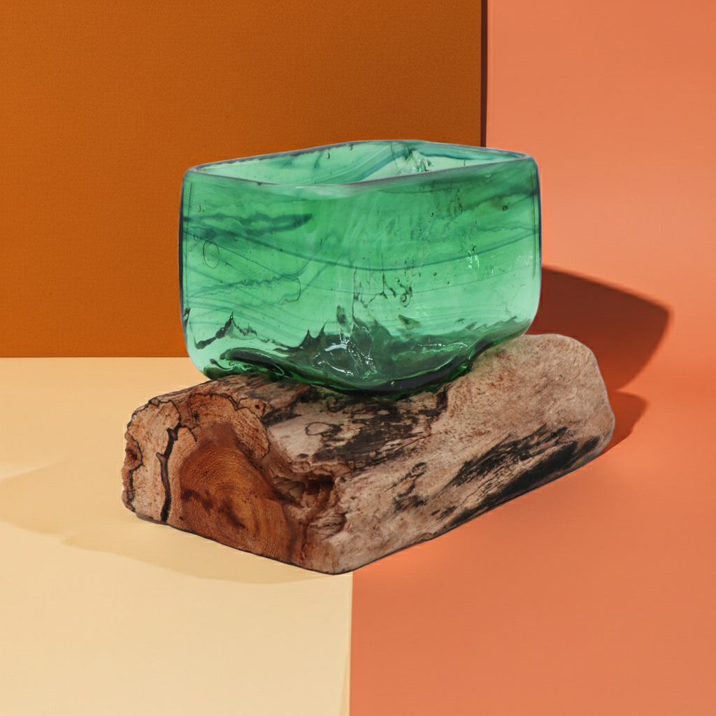 Molton Recycled Beer Bottle Glass Square Bowl On Wooden Stand