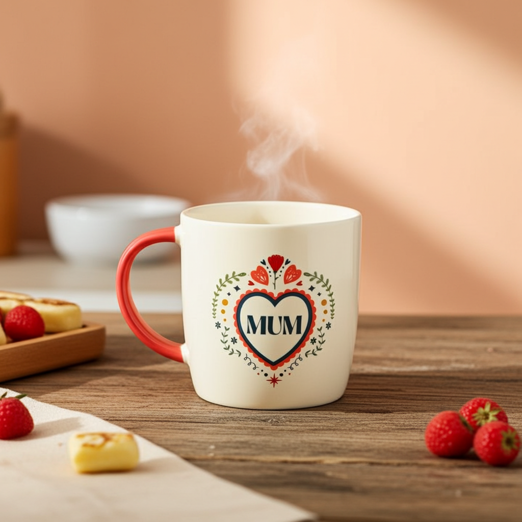 Mum Ceramic Mug with Folk Heart Design | 350ml | Mother’s Day Gift
