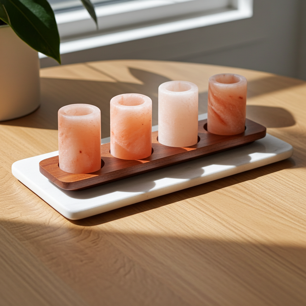 Four pink Himalayan salt lamps on a wooden stand with a white mat on a wooden surface.