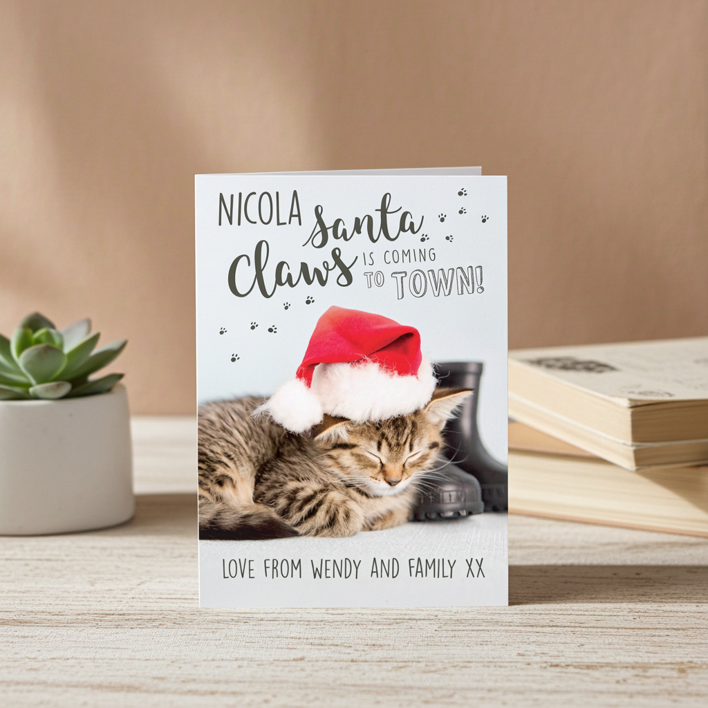 Personalised Rachael Hale “Santa Claws” Christmas Cat Card | The Purrfect Festive Surprise - Artfully Curated Creations and identify whats in the image