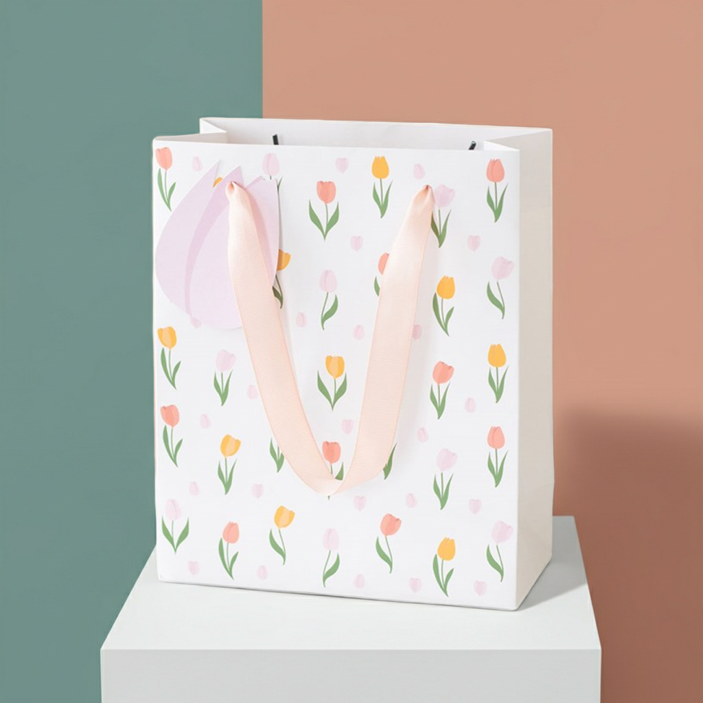 Tulip Gift Bag for Mum | Floral Paper Gift Bag | Mother’s Day Gift Packaging | 23cm | Bright Spring Design - Artfully Curated Creations and identify whats in the image