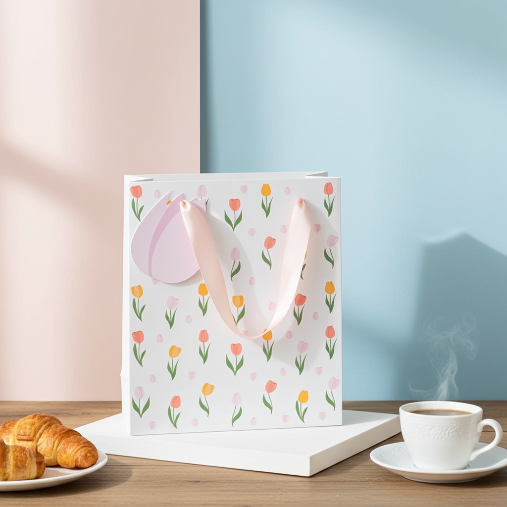 Tulip Gift Bag for Mum | Floral Paper Gift Bag | Mother’s Day Gift Packaging | 23cm | Bright Spring Design - Artfully Curated Creations and identify whats in the image