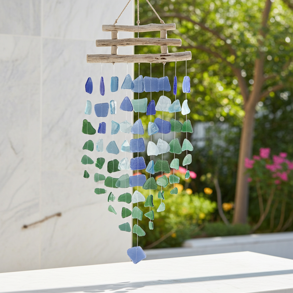 Recycled Glass Three Stick Wind Chimes - Blue & Green