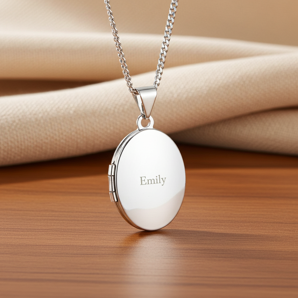 Personalised Sterling Silver Oval Locket | Engraved Name & Photo Keepsake Gift Box - Artfully Curated Creations and identify whats in the image