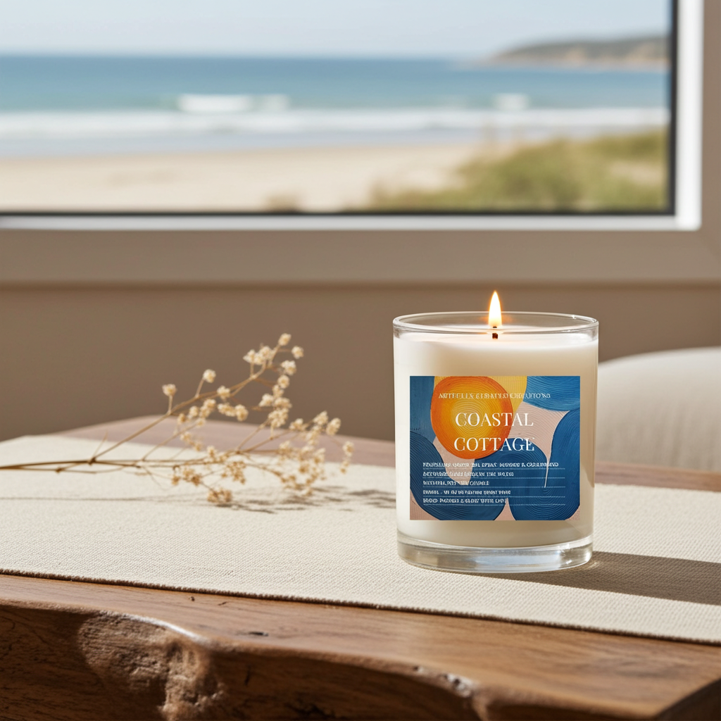 A lit candle in a clear glass jar sits on a wooden table beside dried flowers, with a beach scene visible through a window behind it. The label reads Coastal Cottage.