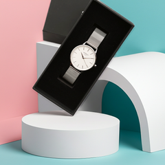 Personalised Ladies Blanc Luxury Handcrafted Watch By Architect London with Stainless Steel Silver Case, Mesh Strap & Gift Box | Modern Font Engraving | A Personal Gift