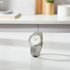 Personalised Ladies Blanc Luxury Handcrafted Watch By Architect London with Stainless Steel Silver Case, Mesh Strap & Gift Box | Modern Font Engraving | A Personal Gift