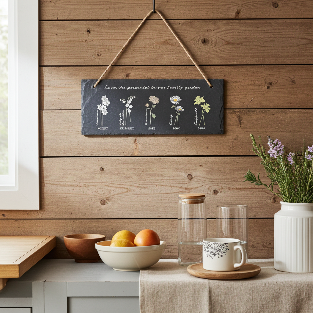 Decorative slate sign with floral illustrations hanging on a wooden wall above a kitchen counter.
