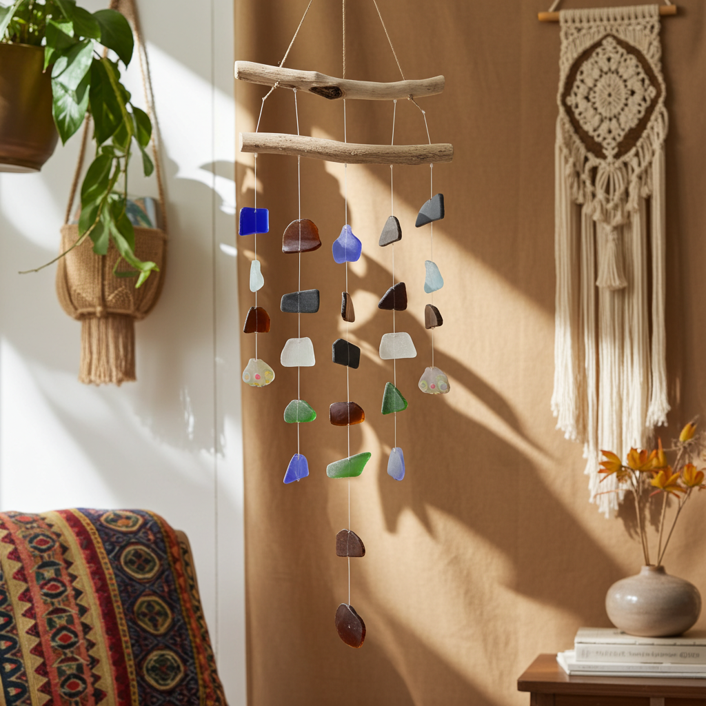 Recycled Glass Simple Five String Wind Chimes - Multi Coloured