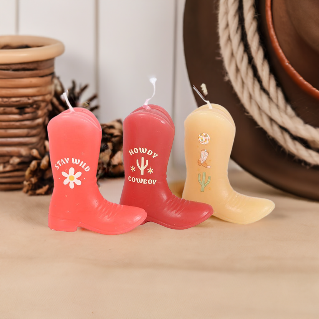 Howdy Cowboy Set of 3 Cowboy Boot Candles Pink Western Decor Unscented Paraffin Wax Novelty Candles with Fun Sayings, Drip-Style