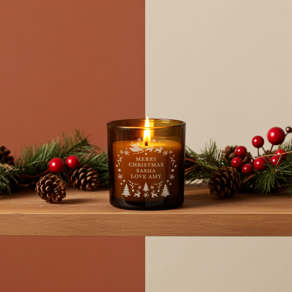 Personalised Amber Glass Vanilla Candle Jar | Custom Christmas Gift - Artfully Curated Creations and identify whats in the image