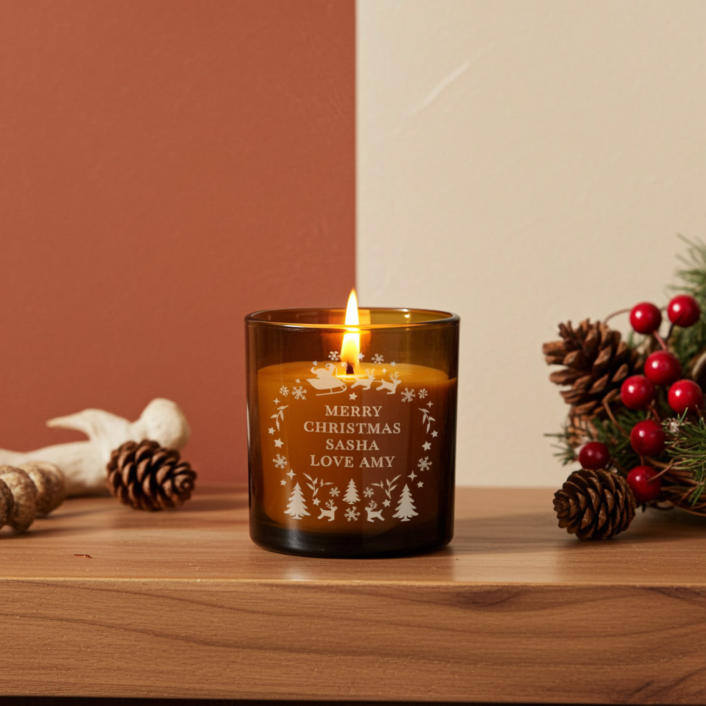 Personalised Amber Glass Vanilla Candle Jar | Custom Christmas Gift - Artfully Curated Creations and identify whats in the image