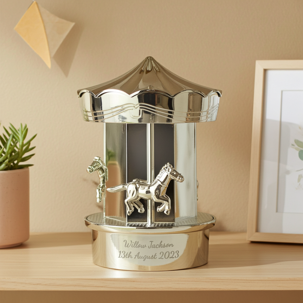 Silver carousel figurine on a wooden surface with a plant and framed picture in the background.