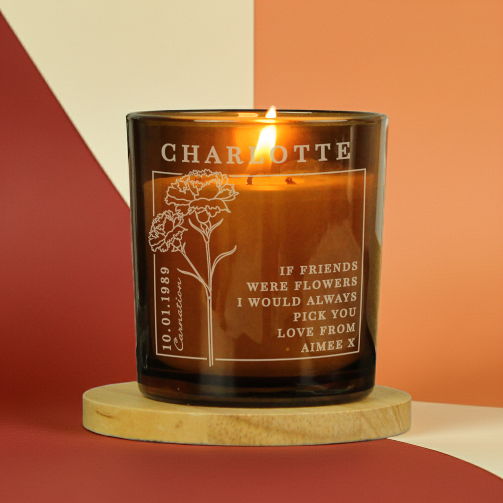 Personalised Birth Flower Candle in Amber Glass Jar | Handmade | A personal gift