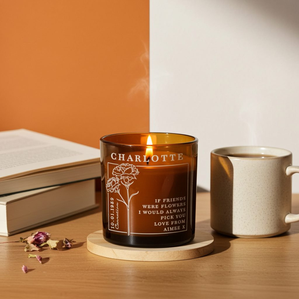 Personalised Birth Flower Candle in Amber Glass Jar | Handmade | A personal gift