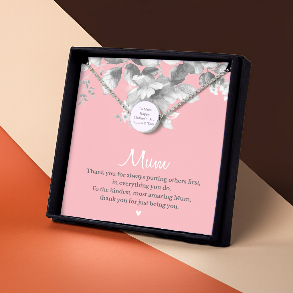 Personalised Silver Tone Necklace | ‘Mum’ Sentiment Gift Box for Mother’s Day & Special Occasions - Artfully Curated Creations and identify whats in the image