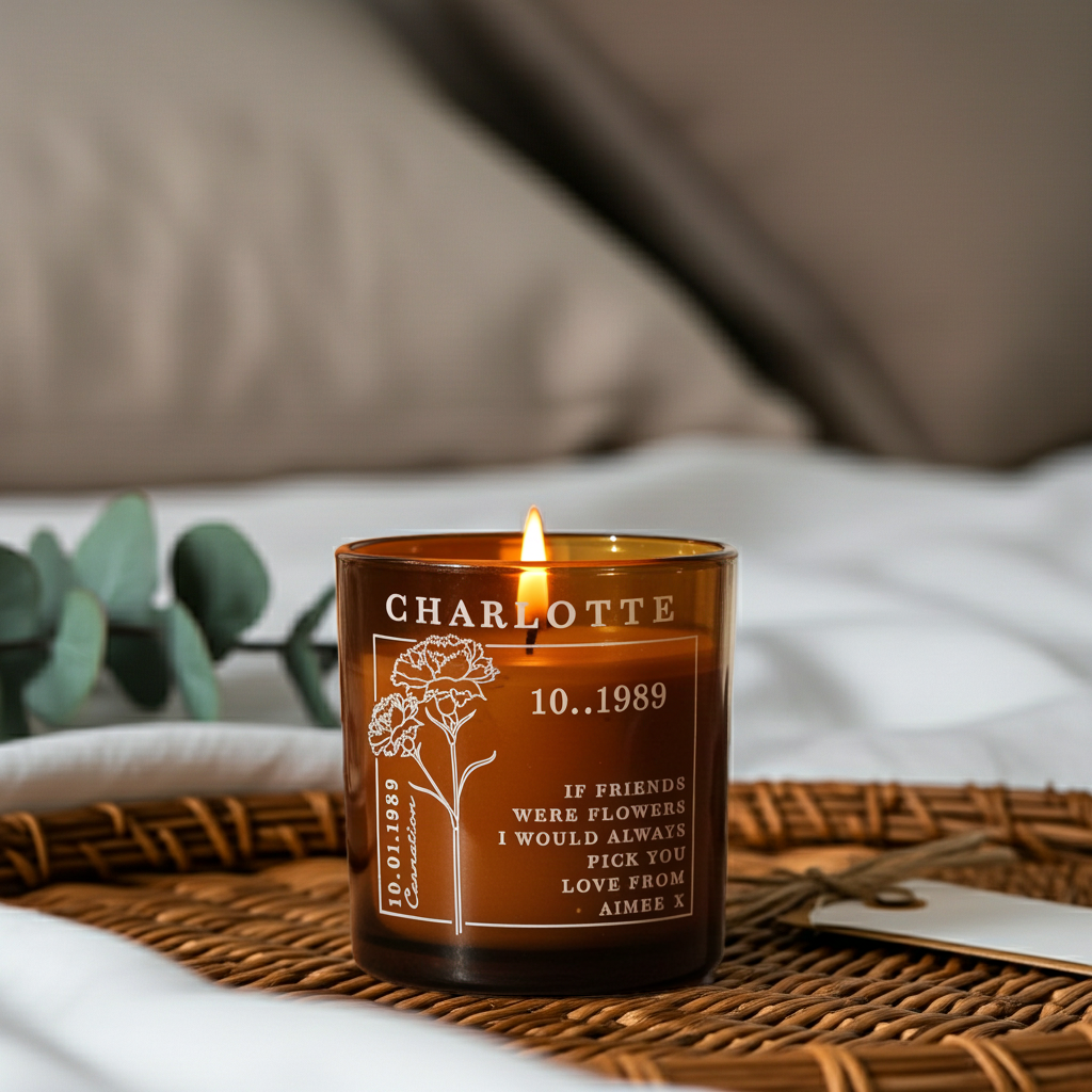 Personalised Birth Flower Engraved Amber Glass Jar Candle, a Handmade Keepsake Birthday Gift for Her, Mum and Best Friend