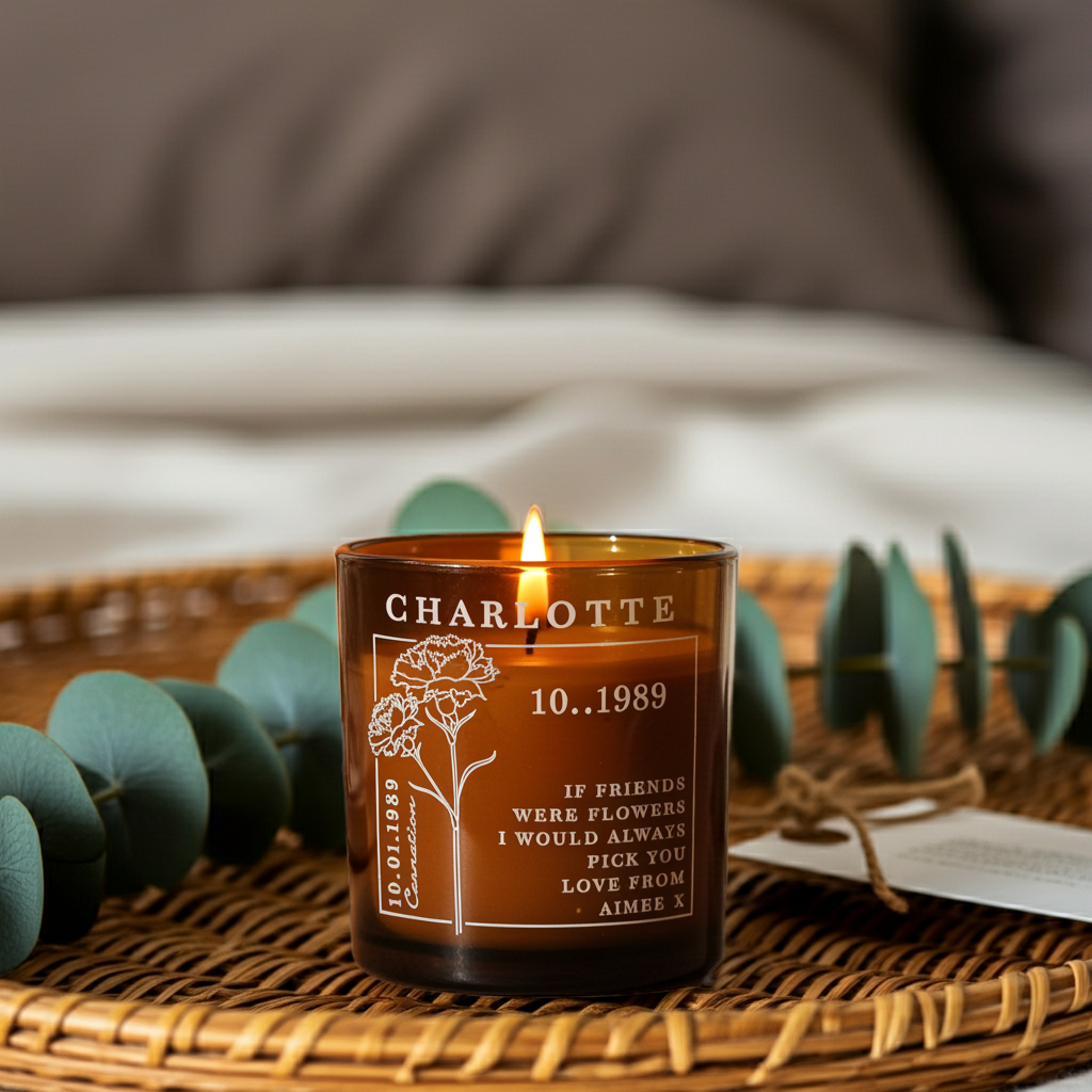 Personalised Birth Flower Engraved Amber Glass Jar Candle, a Handmade Keepsake Birthday Gift for Her, Mum and Best Friend