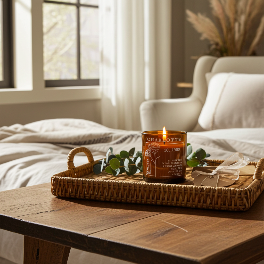Personalised Birth Flower Engraved Amber Glass Jar Candle, a Handmade Keepsake Birthday Gift for Her, Mum and Best Friend