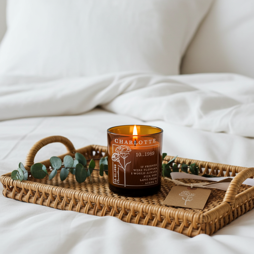 Personalised Birth Flower Engraved Amber Glass Jar Candle, a Handmade Keepsake Birthday Gift for Her, Mum and Best Friend