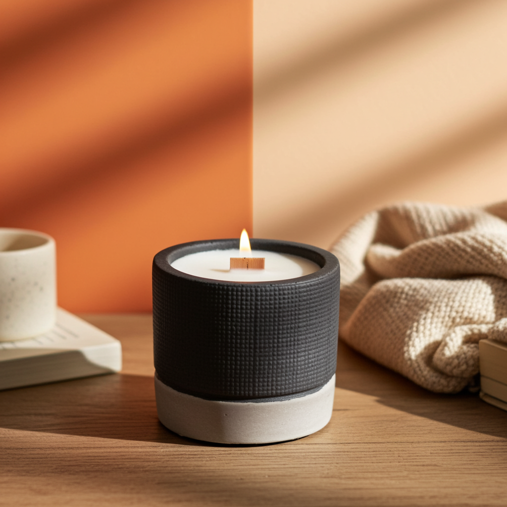 Black Concrete Wooden Wick Candle - Brandy Butter