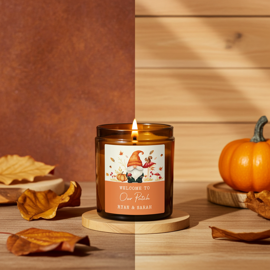 Personalised Amber Glass Vanilla Candle Jar | Custom Autumn & Halloween Gift - Artfully Curated Creations and identify whats in the image