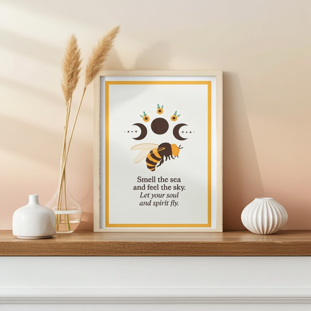 Summer Solstice Bee & Sunflower Framed Print Rustic Wall Art with Inspirational Quote & Moon Phases Wooden Frame