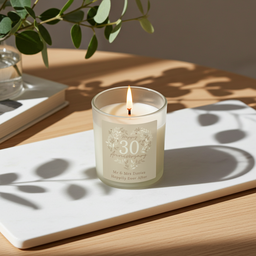 Personalised 30th Anniversary Vanilla Candle Jar | Pearl Anniversary Keepsake - Artfully Curated Creations and identify whats in the image