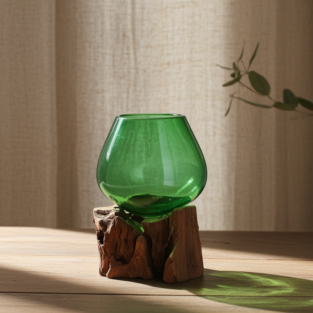 Molton Recycled Beer Bottle Glass Small Bowl On Wooden Stand