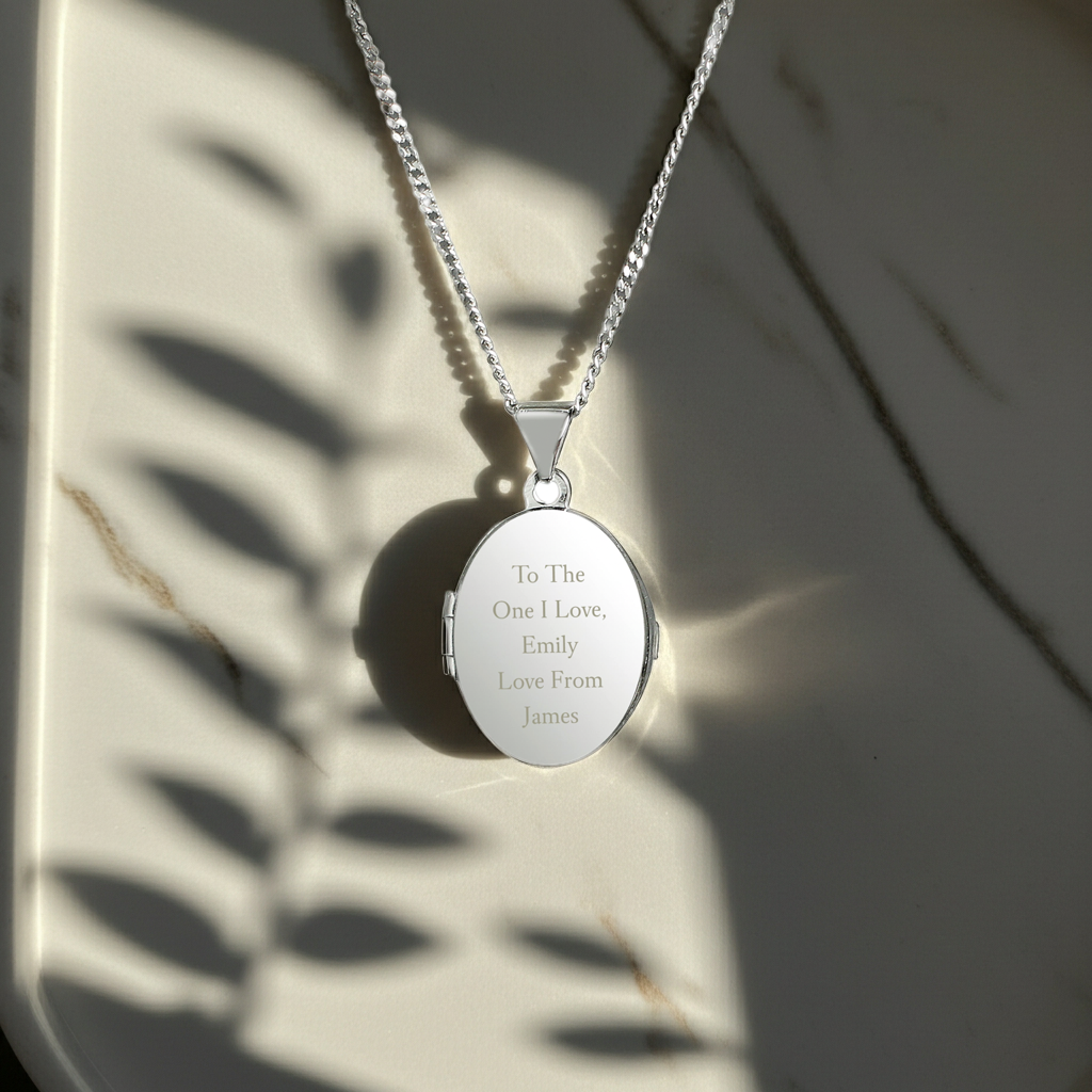 Personalised Sterling Silver Oval Locket | Engraved 5‑Line Message & Photo Keepsake Gift Box - Artfully Curated Creations and identify whats in the image