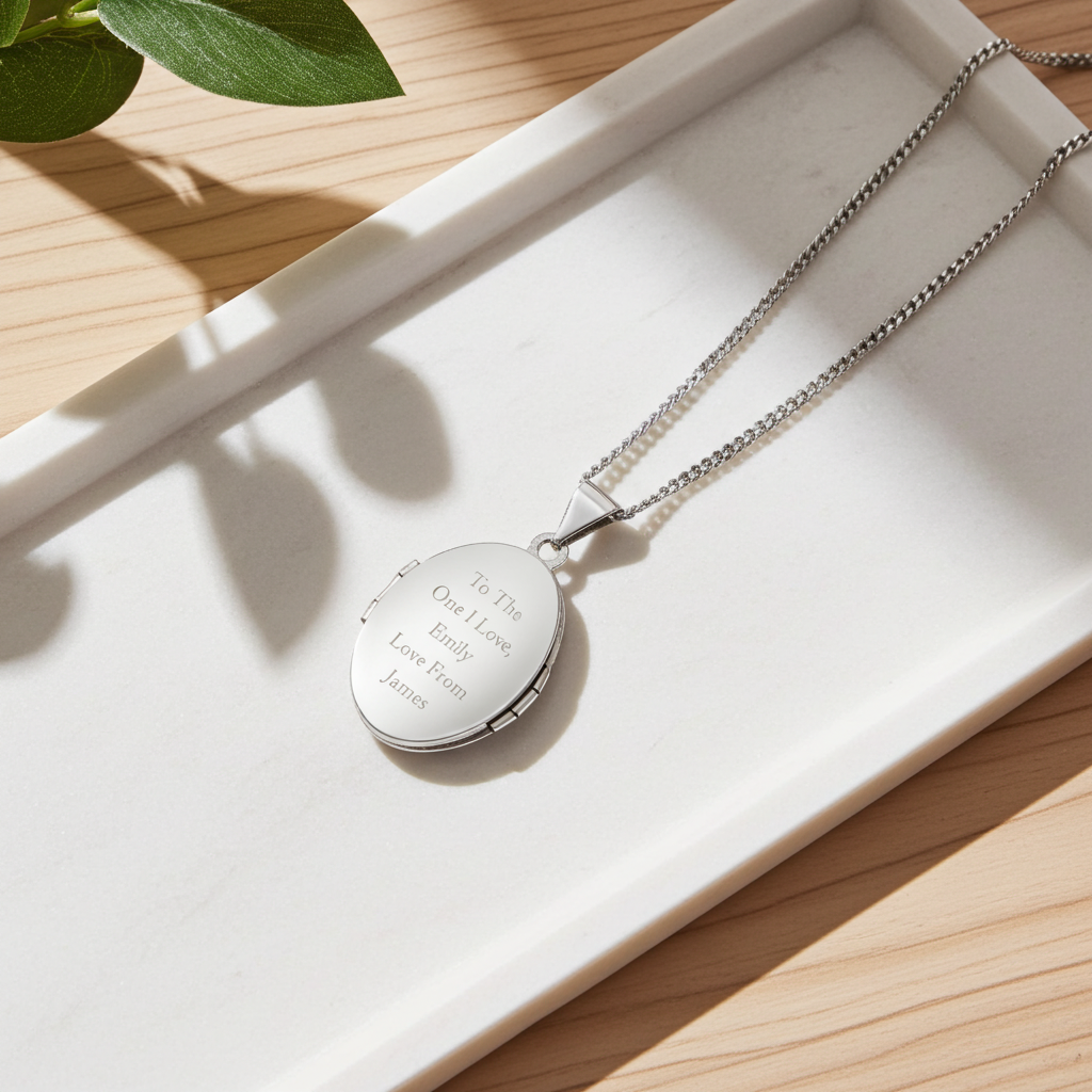 Personalised Sterling Silver Oval Locket | Engraved 5‑Line Message & Photo Keepsake Gift Box - Artfully Curated Creations and identify whats in the image