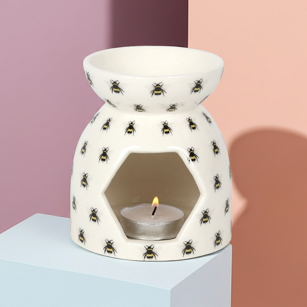 Bee Print Ceramic Oil Burner & Wax Warmer 11cm | Cute Bee Design | Home Fragrance Burner | Gift for Wax Melt Lovers