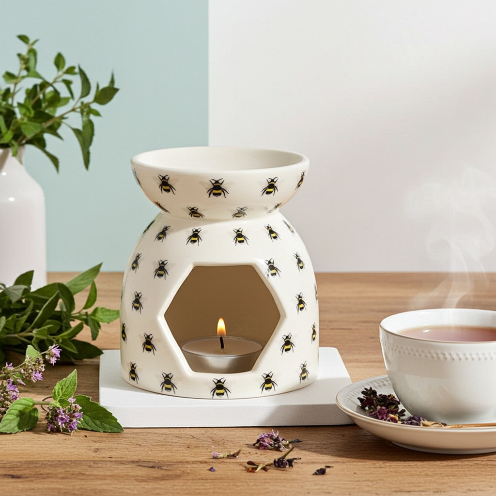 Bee Print Ceramic Oil Burner & Wax Warmer 11cm | Cute Bee Design | Home Fragrance Burner | Gift for Wax Melt Lovers
