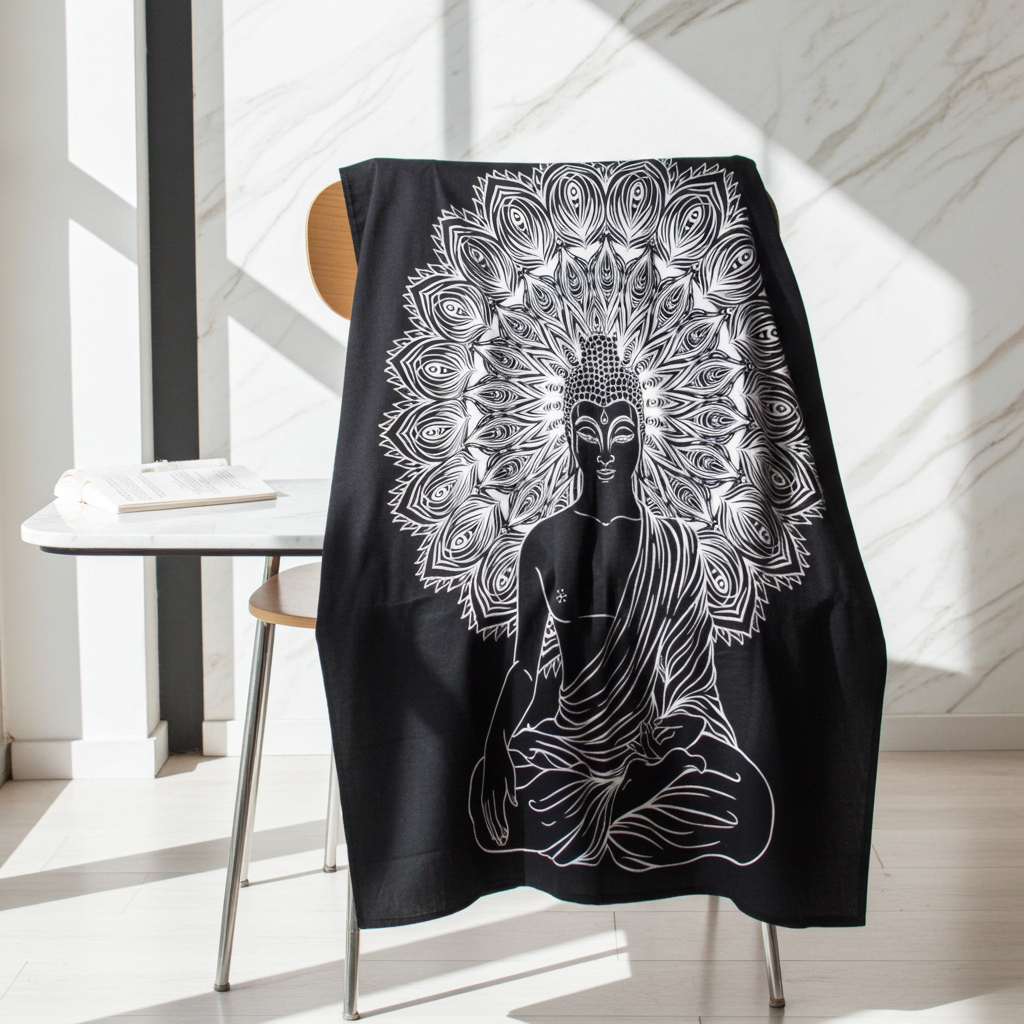 Black & White Double Bed Spread / Wall Art - Buddha