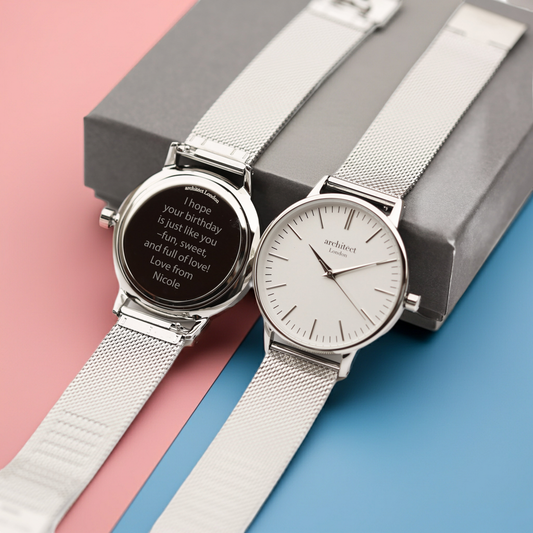 Personalised Ladies Blanc Luxury Handcrafted Watch By Architect London with Stainless Steel Silver Case, Mesh Strap & Gift Box | Modern Font Engraving | A Personal Gift