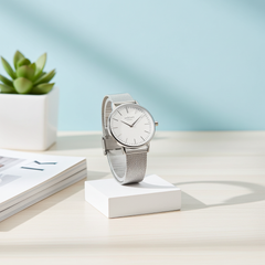 Personalised Ladies Blanc Luxury Handcrafted Watch By Architect London with Stainless Steel Silver Case, Mesh Strap & Gift Box | Modern Font Engraving | A Personal Gift