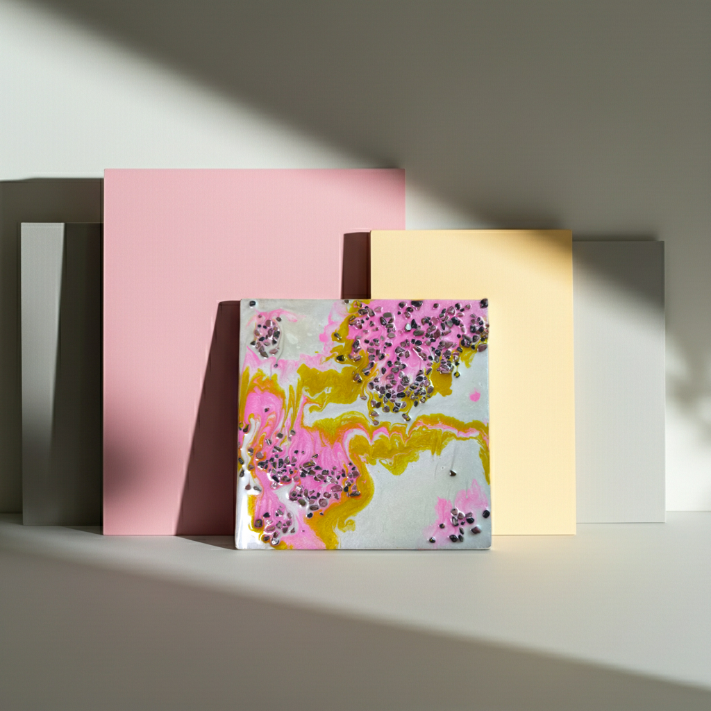 “Blush & Bloom” | Pink Gold & Pearl Resin Art with Rhodonite Gemstones | Imperfectly Perfect Handmade Wooden Canvas - Artfully Curated Creations and identify whats in the image