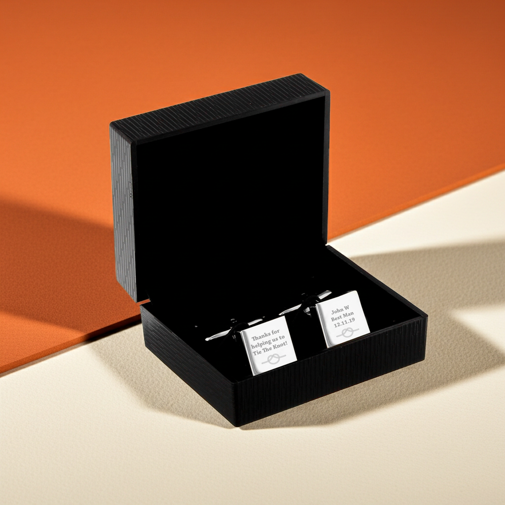 Personalised ‘Tie the Knot’ Cufflinks | Engraved Wedding Gift Box - Artfully Curated Creations and identify whats in the image