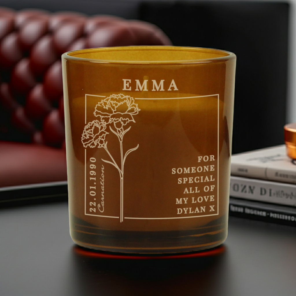 Personalised Birth Flower Candle in Amber Glass Jar | Handmade | A personal gift
