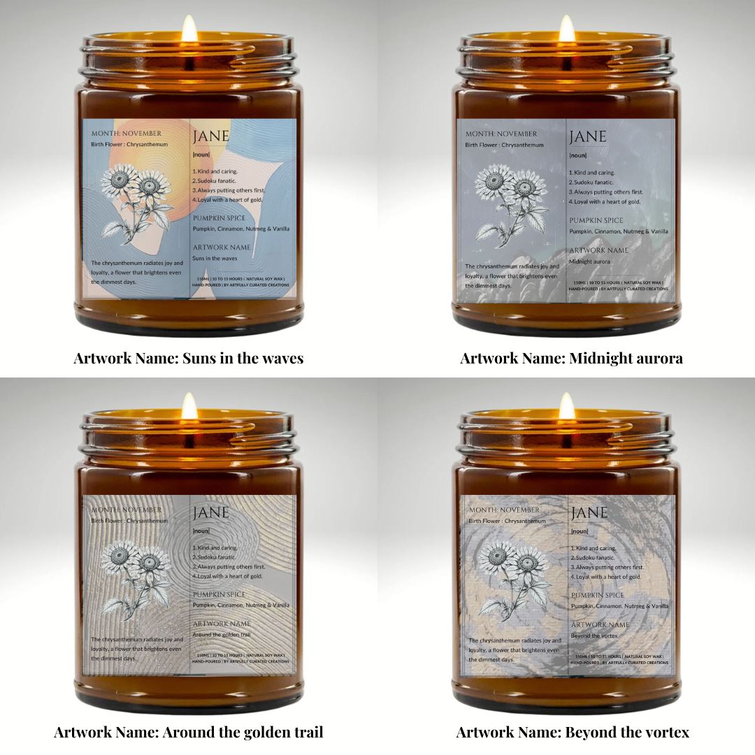 The Definition of you birth flower customisable scented artwork candle | Handmade | A personal gift - Artfully Curated Creations and identify whats in the image