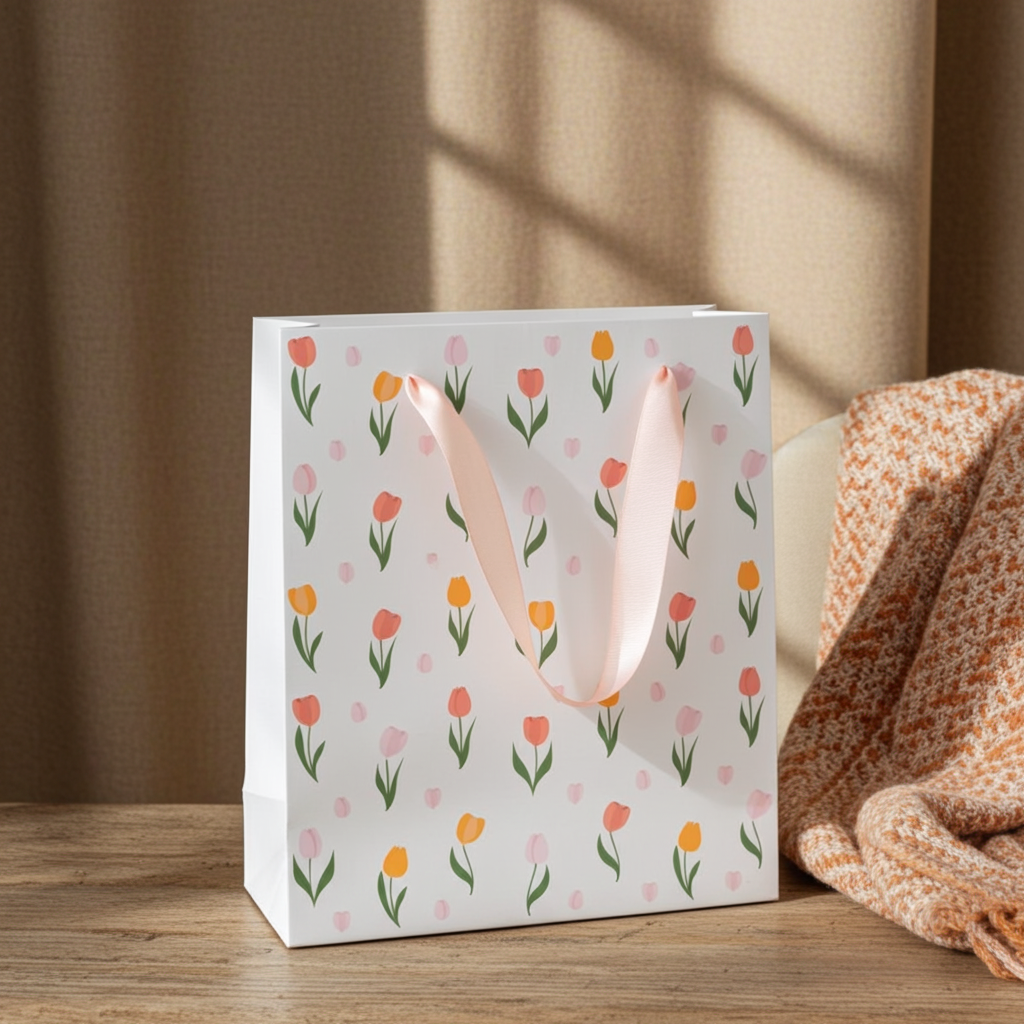 Tulip Gift Bag for Mum | Floral Paper Gift Bag | Mother’s Day Gift Packaging | 23cm | Bright Spring Design - Artfully Curated Creations and identify whats in the image