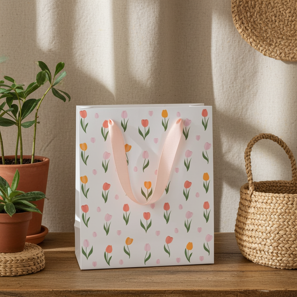 Tulip Gift Bag for Mum | Floral Paper Gift Bag | Mother’s Day Gift Packaging | 23cm | Bright Spring Design - Artfully Curated Creations and identify whats in the image