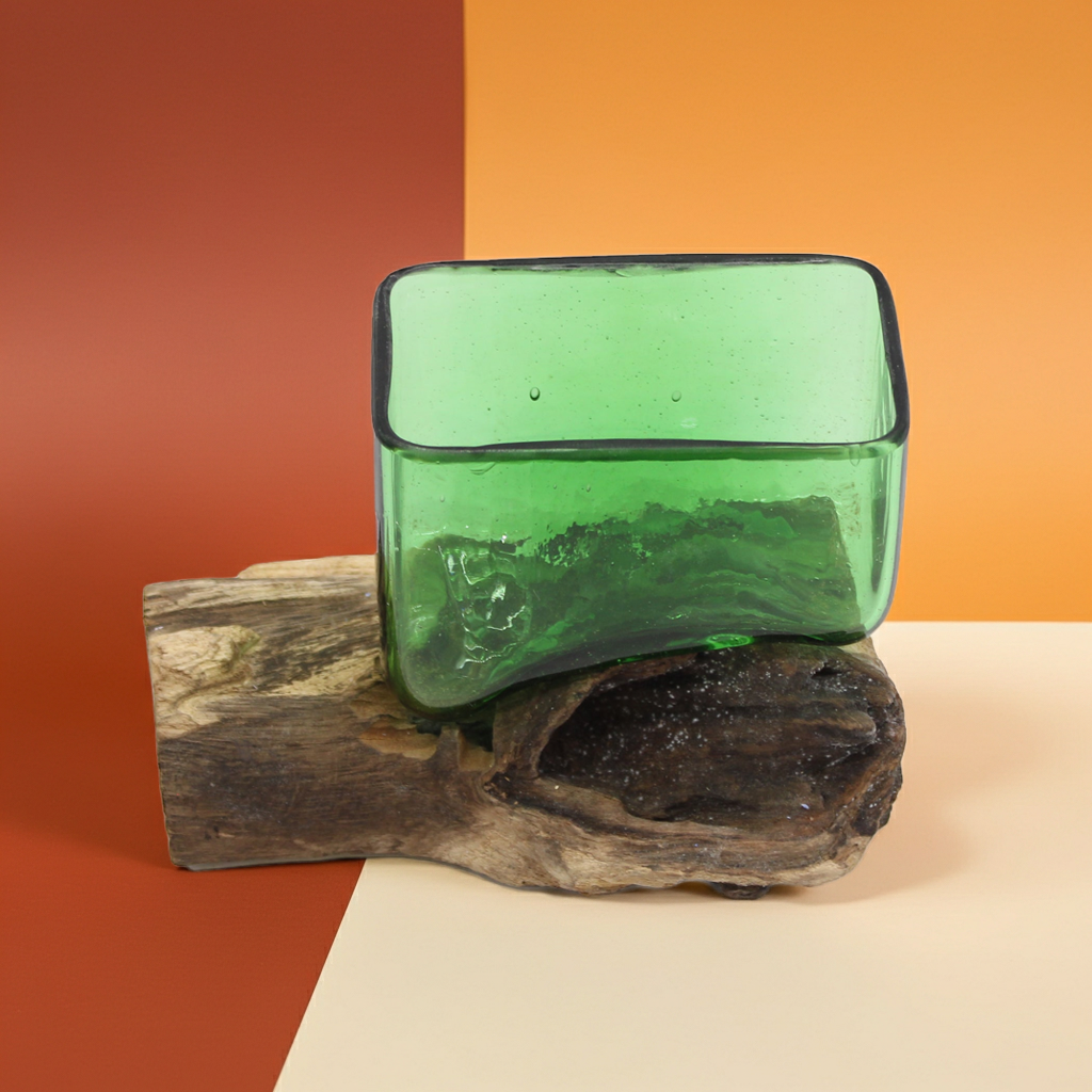 Molton Recycled Beer Bottle Glass Square Bowl On Wooden Stand