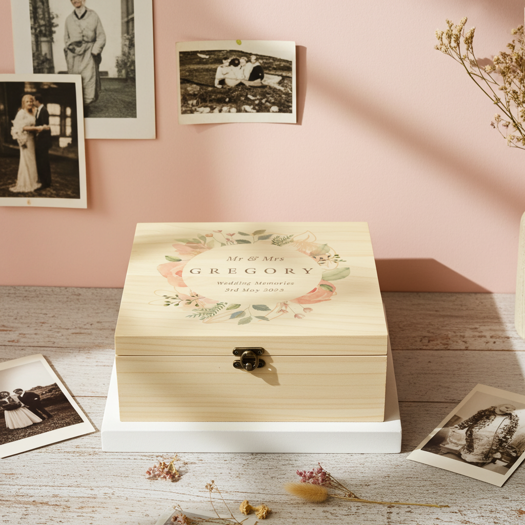 Personalised Wooden Keepsake Box | A Beautiful Place to Store Treasured Memories - Artfully Curated Creations and identify whats in the image