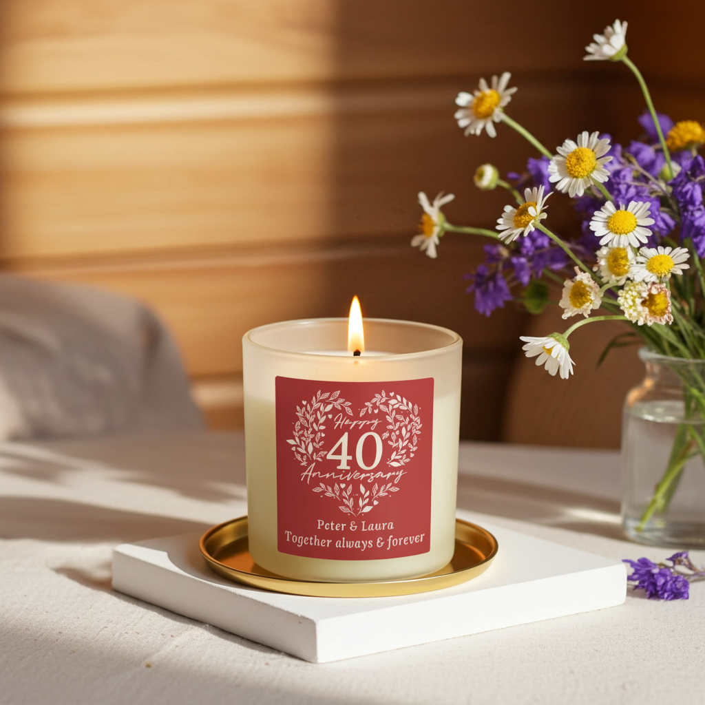 Personalised 40th Anniversary Vanilla Candle Jar | Ruby Anniversary Keepsake - Artfully Curated Creations and identify whats in the image
